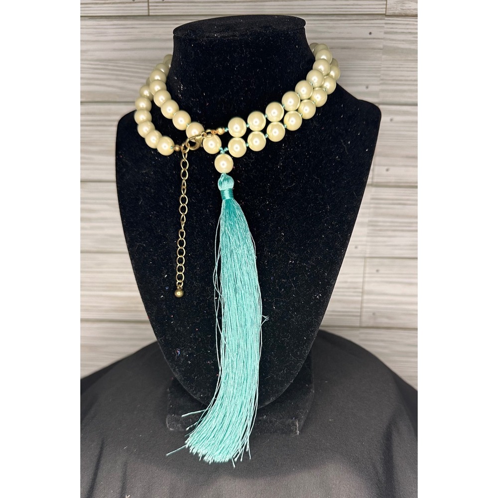 Whimsical Faux Pearl Tassel Necklace Cream Turquoise Excellent Boho